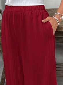 SHEIN VCAY Plus Size White Textured Loose Casual Wide Leg Pants With Pockets, Vacation/Resort Wear, Valentine's Day - Burgundy - View 7