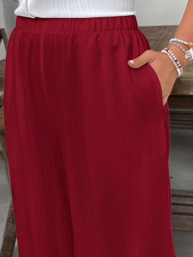 SHEIN VCAY 大码白色纹理宽松休闲阔腿裤，带口袋，度假/度假装，情人节 - 酒紅色 - 查看 7