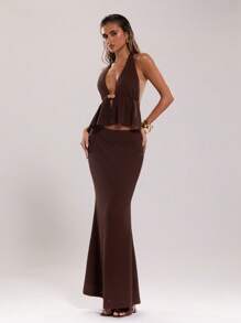 SHEIN BAE Solid Color Halter Backless Top And Skirt Sexy 2 Pieces Set - Coffee Brown - View 4