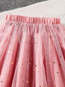 2 件套青少年女孩休闲亮片装饰圆领短袖 T 恤 + 优雅闪亮网眼亮片裙，春夏 - 珊瑚粉 - 查看 8
