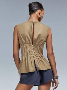 Athîral Women's Sleeveless Top With Pleated Waist And Round Neck - Brown - View 2