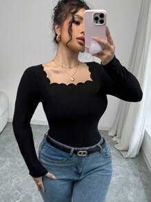 Arcane Artistry Áo thun nữ cổ vuông tay dài màu đen viền bèo nhún thanh lịch ôm sát vừa vặn - màu đen - Xem 3
