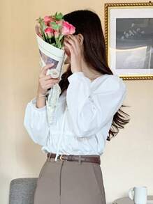 DAZY V领灯笼袖系带长袖女式衬衫，荷叶边 - 白色 - 查看 6