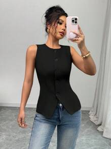 Selianne Old Money Style Solid Color Sleeveless Vest - Classic Front Opening Design, Simple And Versatile Commuting Casual Outerwear - Black - View 6