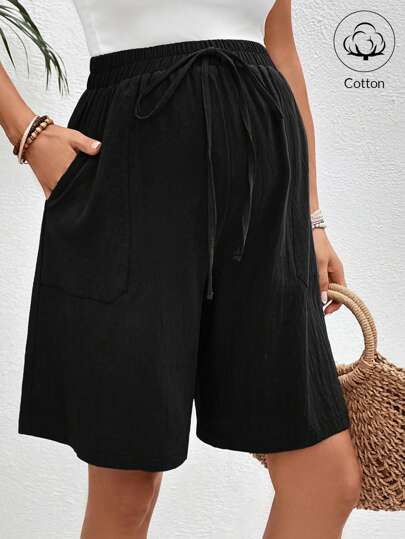 SHEIN Solid Color Maternity Drawstring Waist Pocket Loose Casual Shorts Cotton
