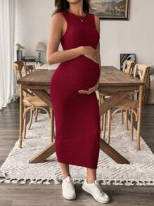 SHEIN Maternity Solid Color Round Neck Side Slit Sleeveless Bodycon Cami Dress - Red - View 4