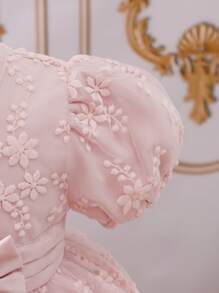 SHEIN Glamorique Kids Baby Girl Spring/Summer Light Pink Puff Sleeve Floral Lace Ruffle Princess Dress - Pink - View 4