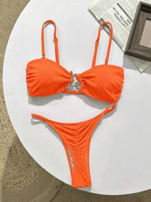SHEIN Swim Metallic Knit Jacquard Sexy Spaghetti Strap Bikini Top For Summer Beach Vacation - Orange - View 4