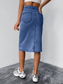 EURMUSE Women's Casual Washed Front Button Fitted Denim Mini Skirt - Medium Wash - View 2