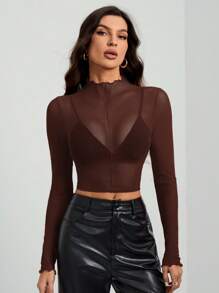 SHEIN Tall Áo cánh lưới xuyên thấu gợi cảm tay dài màu trơn cho nữ - màu nâu - Xem 5