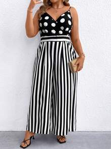SHEIN Clasi Mono elegante y versátil para mujer con diseño de rayas y lunares, de cuello en V sin mangas, con pernera ancha, ajustable, ideal para ir a trabajar o eventos casuales, color negro y blanco, talla grande, para primavera/verano/otoño
