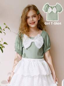 Wildeya Tween Girl T-Shirt, Casual Elegant Basic Green Knit Short Sleeve T-Shirt With Bow And Puff Sleeves, Snug Fit For Outdoor/Holiday Wear, Spring/Summer Young Girls Top