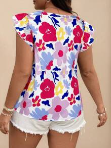 SHEIN VCAY Plus Size Floral Print Cropped Sleeve Square Neck Blouse