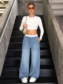 SHEIN 青少年女孩 Y2K 秋季蓝白休闲条纹宽松阔腿牛仔裤，撞色腰带，二合一设计 - 淺色水洗藍 - 查看 4