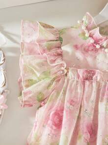 Tween Girls' Elegant Rose Print Chiffon Dress, Summer - Multicolor - View 3