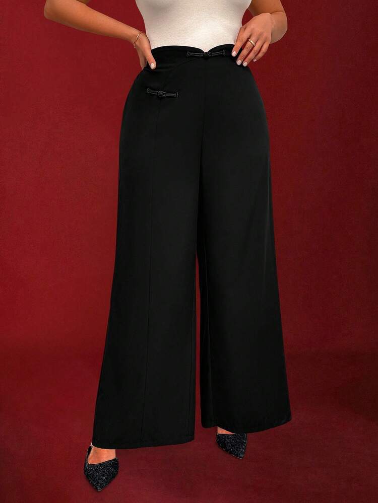 Calvaya Women's Solid Color New Chinese Style Button Front Woven Long Pants - Black - View 3