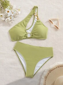 Swim SXY Set Baju Renang Bikini Seksi Wanita Musim Panas untuk Pantai, Warna Polos, dan Potongan - Olive Green - View 3