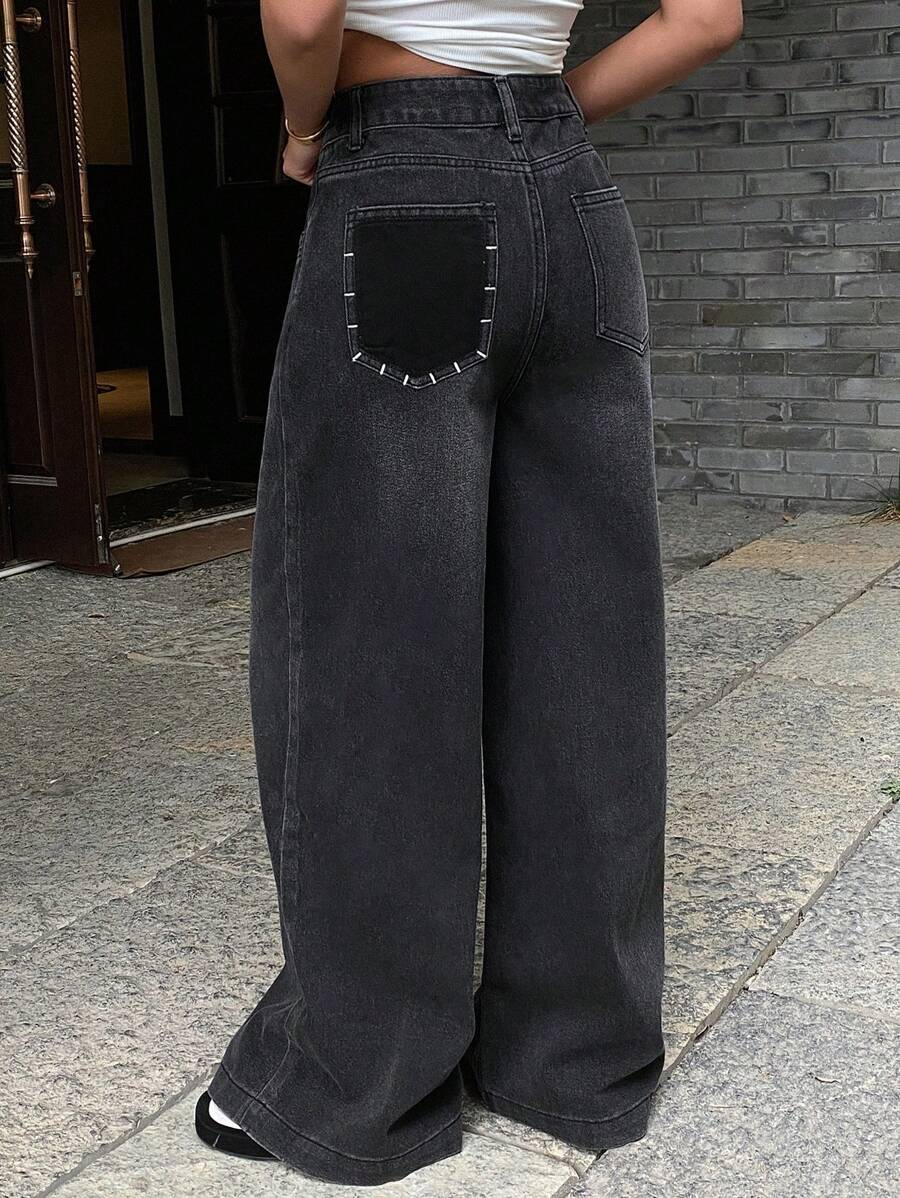 Distressed Wash West Cowboy Fade Wide Leg Loose Jeans, Casual Women Summer Denim Pants - Grey - View 1
