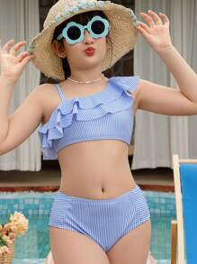 Tween Girl Swimwear Set - Blue & White Striped Spaghetti Strap Swimsuit With Double Ruffle Hem And Matching Blue & White Striped Swim Shorts, Suitable For Summer, Spring & Autumn Holiday/Beach/Water Park/Swimming, Sweet & Minimalist Urban Fashion