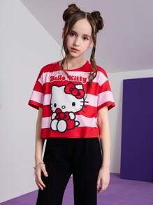 HELLO KITTY AND FRIENDS | SHEIN Tween Girl Cartoon Cat Print Striped Cute Sweet Campus Style Short Sleeve T-Shirt And Black Casual Flare Pants Set - Multicolor - View 3