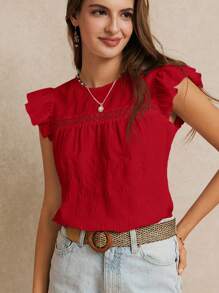 Poéselle Mùa cưới nghỉ hè, Áo cánh trơn viền bèo nhún tuyệt đẹp, Mùa hè, Áo dễ thương, Lãng mạn thanh lịch, Phong cách Boho Chic, Phong cách thường ngày, Thiết yếu, Mùa hè, Mùa cưới - Đỏ - Xem 4