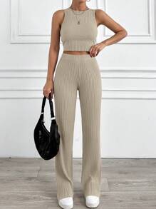 EURMUSE Rib Knit Two Pcs Beige Set