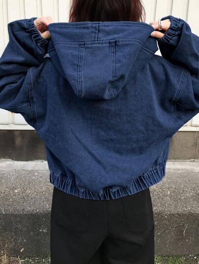 FRIFUL 女式秋季长袖拉链连帽抽绳牛仔夹克，返校服装