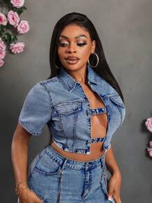 Slaydiva Plus Size Solid Color Hollow-Out Reversible Short Sleeve Denim Jacket, Summer Sexy - Light Wash - View 4