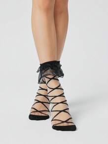 ROMWE Kawaii 1 双女士甜美前卫黑色双层网眼饰边十字交叉线水晶袜，适合所有季节