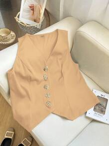 SHEIN Frenchy Plus Size Khaki Woven Fabric V-Neck Sleeveless Top With Decorative Button Casual Blouse - Khaki - View 3