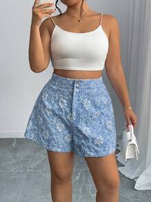 Elenzga Plus Size Women's Textured Fabric Button-Up Elegant Office Wear Shorts - Baby Blue - View 3