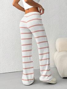 SHEIN EZwear 女式休闲条纹抽绳腰裤 - 藕粉色 - 查看 2