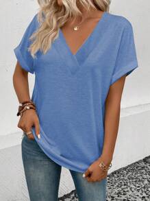 EMERY ROSE Summer Casual Solid Color Batwing Sleeve T-Shirt - Blue - View 5