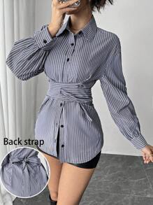 Selianne 法国初秋新款条纹交叉系带宽松时尚女士长袖衬衫 - 藏蓝色 - 查看 6