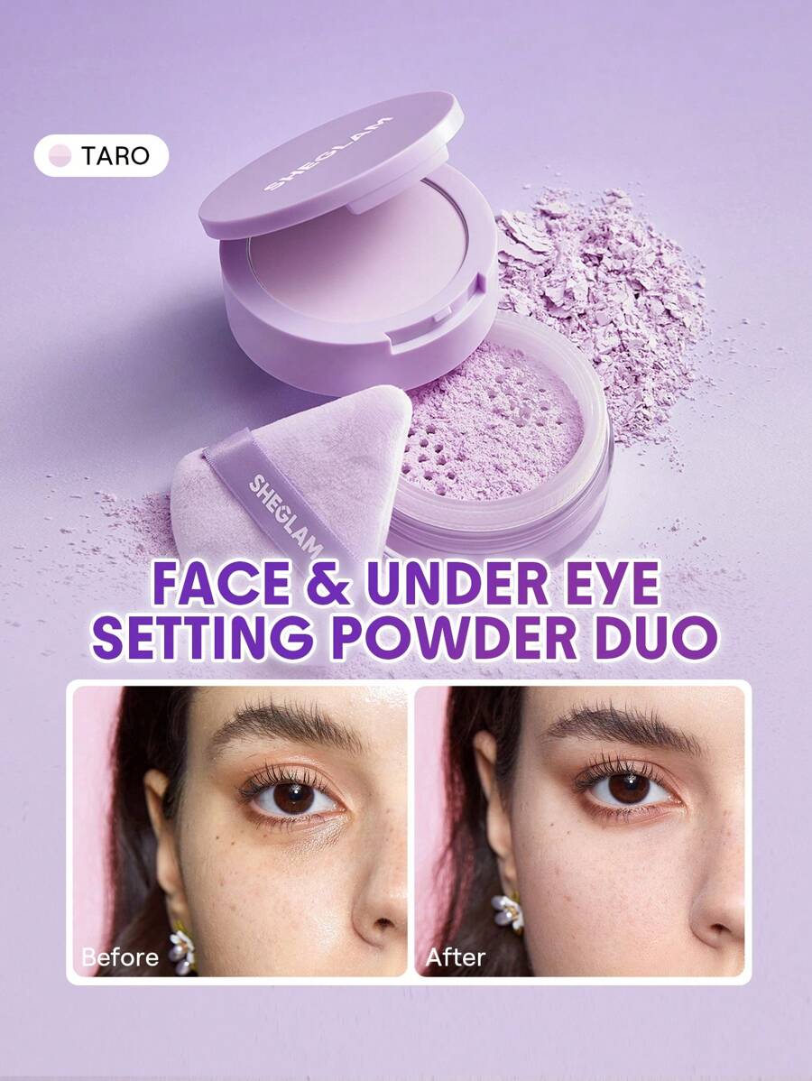 SHEGLAM Insta-Ready 臉部和眼部定妝粉 雙芋圓控油無瑕全覆蓋輕薄粉餅散粉紫色亮澤平滑定妝粉面部彩妝 品牌 美容 化妝 化妝品 適合女性與女孩 完美搭配冬季春季 Y2K 時尚 流行 生日禮物 假期 派對準備就緒 最佳顏色 - 芋頭 - 查看 1