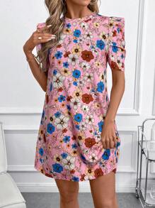 SHEIN Clasi Women's Boho Floral Print Mini Dress With Short Puff Sleeves And Round Neckline - Pink - View 3