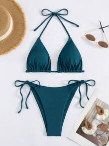 SHEIN Swim 纯色比基尼泳装套装，带三角形上衣和丁字裤，适合海滩和度假 - 水鴨藍 - 查看 5