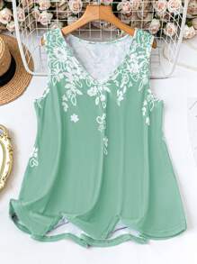 Plus Floral Print Tank Top For Summer Vacation Graphic Tees Women Tops - Green - View 1