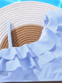 Tween Girl Swimwear Set - Blue & White Striped Spaghetti Strap Swimsuit With Double Ruffle Hem And Matching Blue & White Striped Swim Shorts, Suitable For Summer, Spring & Autumn Holiday/Beach/Water Park/Swimming, Sweet & Minimalist Urban Fashion