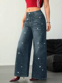 SHEIN Tall 女士低腰宽松亮片演唱会牛仔裤 - 深色水洗藍 - 查看 5