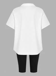 SHEIN MOOSTA 大码春夏三件套：白色短袖衬衫、撞色黑色吊带背心、休闲工装短裤 - 黑與白 - 查看 2