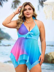 Swim Lushoire 2pcs Plus Size Women Tie-Dye Tie Dye Print Tankini Swimwear Set, Front Double-Layer Mesh, Suitable For Beach & Resort For Summer Beach Vacation - Baby Blue - View 6