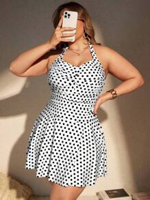 Swim Lushoire 大码女式随机印花吊带背心遮臀连体泳衣，休闲与度假 - 黑與白 - 查看 1