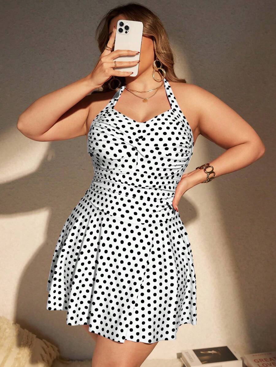 Swim Lushoire 大码女式随机印花吊带背心遮臀连体泳衣，休闲与度假 - 黑與白 - 查看 1