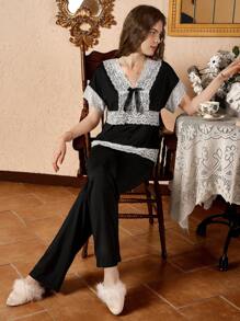 Elegant Lace Trim Color Block Women Pajama Sets - Black - View 3