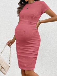 SHEIN 孕妇纯色圆领短袖修身休闲褶皱连衣裙 - 粉色 - 查看 5