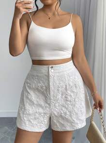 Elenzga 大码女式纹理面料纽扣优雅办公短裤 - 白色 - 查看 4