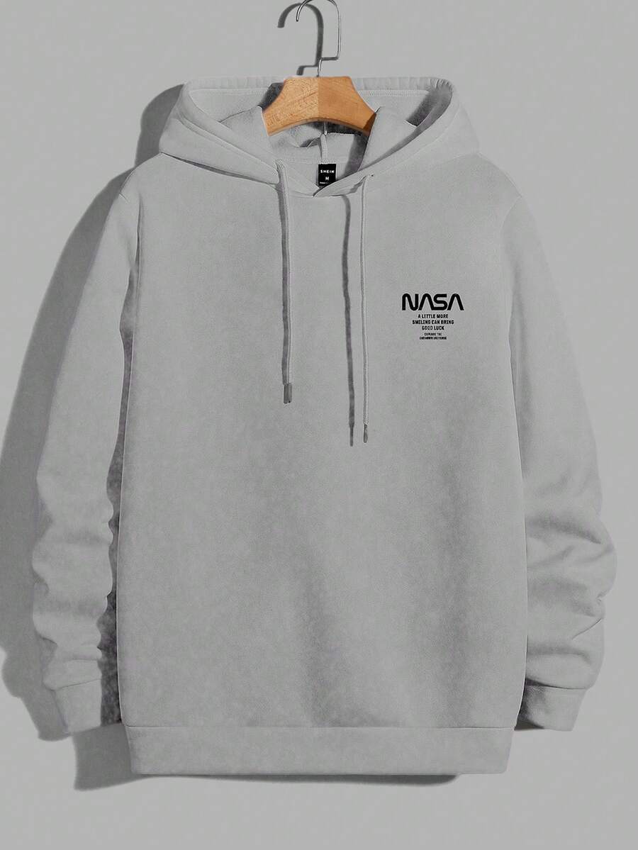 EURMUSE 100%Cotton Men Letter Graphic Drawstring Hoodie - Grey - View 1