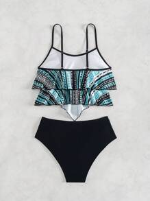 Swim Lushoire 2pcs Tankini Set Print Summer Beach Double Layer Ruffle Hem Cami Top & Shorts Set - Multicolor - View 6