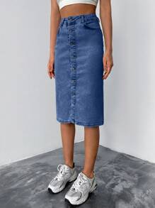 EURMUSE Women's Casual Washed Front Button Fitted Denim Mini Skirt - Medium Wash - View 5
